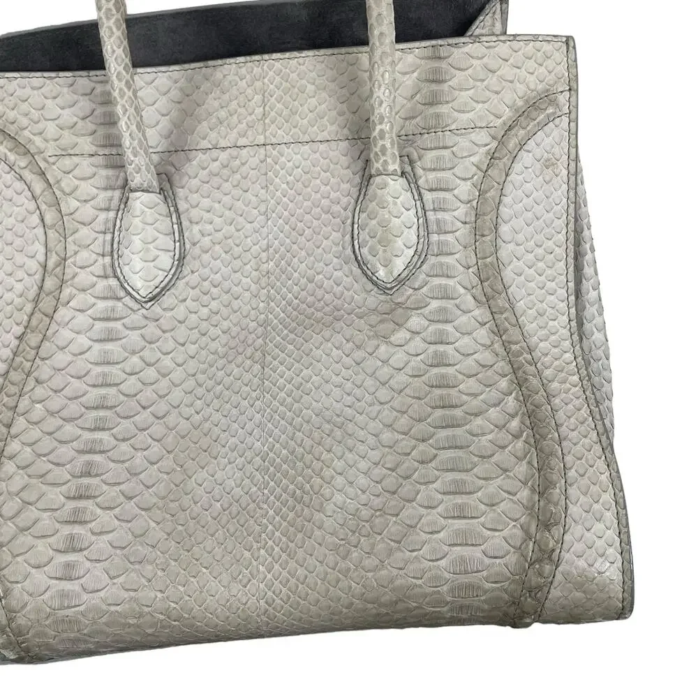Celine Light Beige Python Embossed Leather Tote with Blue Accent